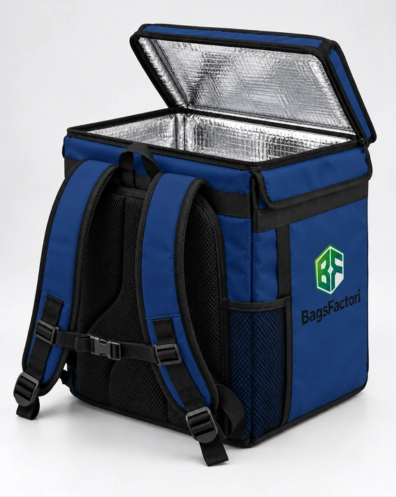 Navy delivery backpack showing shoulder straps, back padding and insulated compartment.