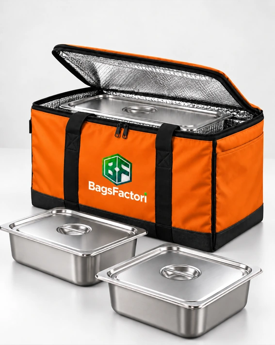 Orange insulated catering bag with covered stainless steel food pans.