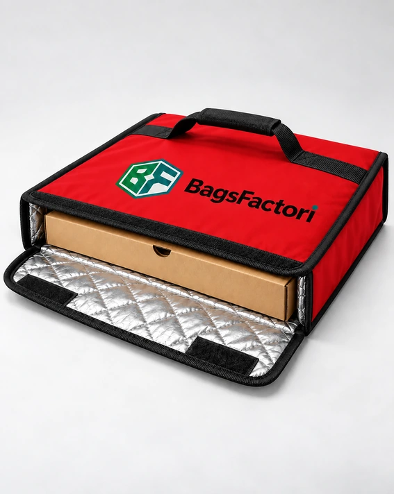Red insulated pizza pouch with one flat pizza box at its opening.